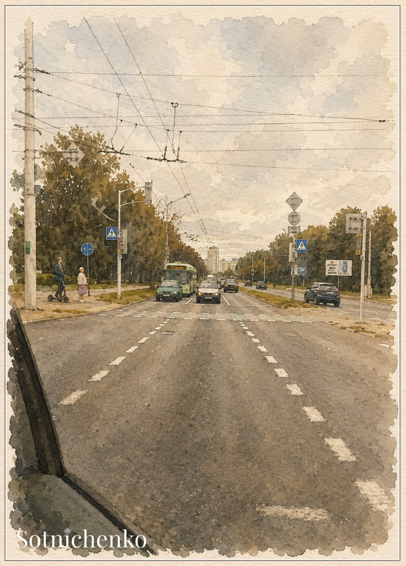 City Road with Overhead Wires — Urban Printable Postcard