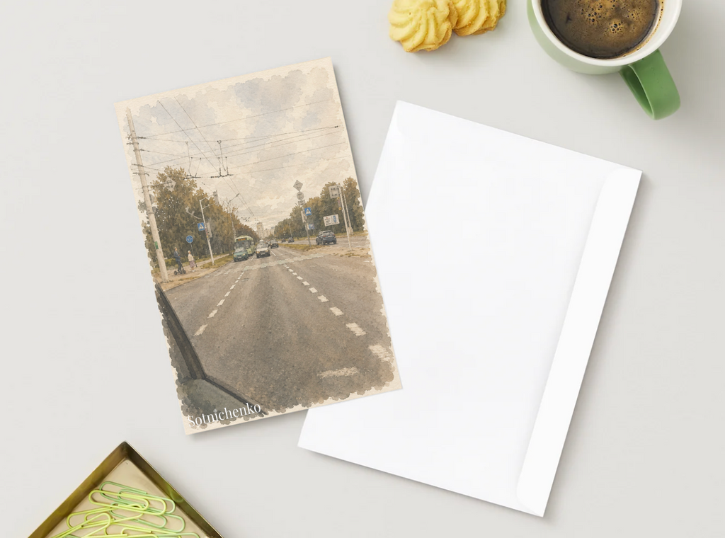 City Road with Overhead Wires — Urban Printable Postcard