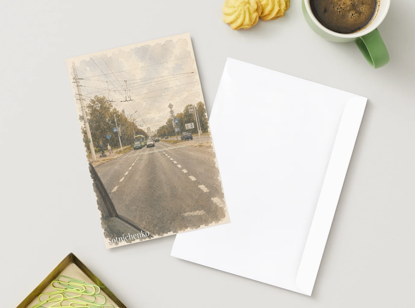 City Road with Overhead Wires — Urban Printable Postcard