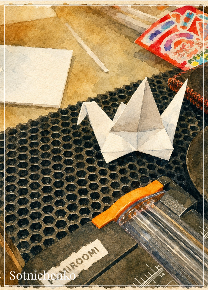 Paper Crane on Craft Desk — Origami Printable Postcard