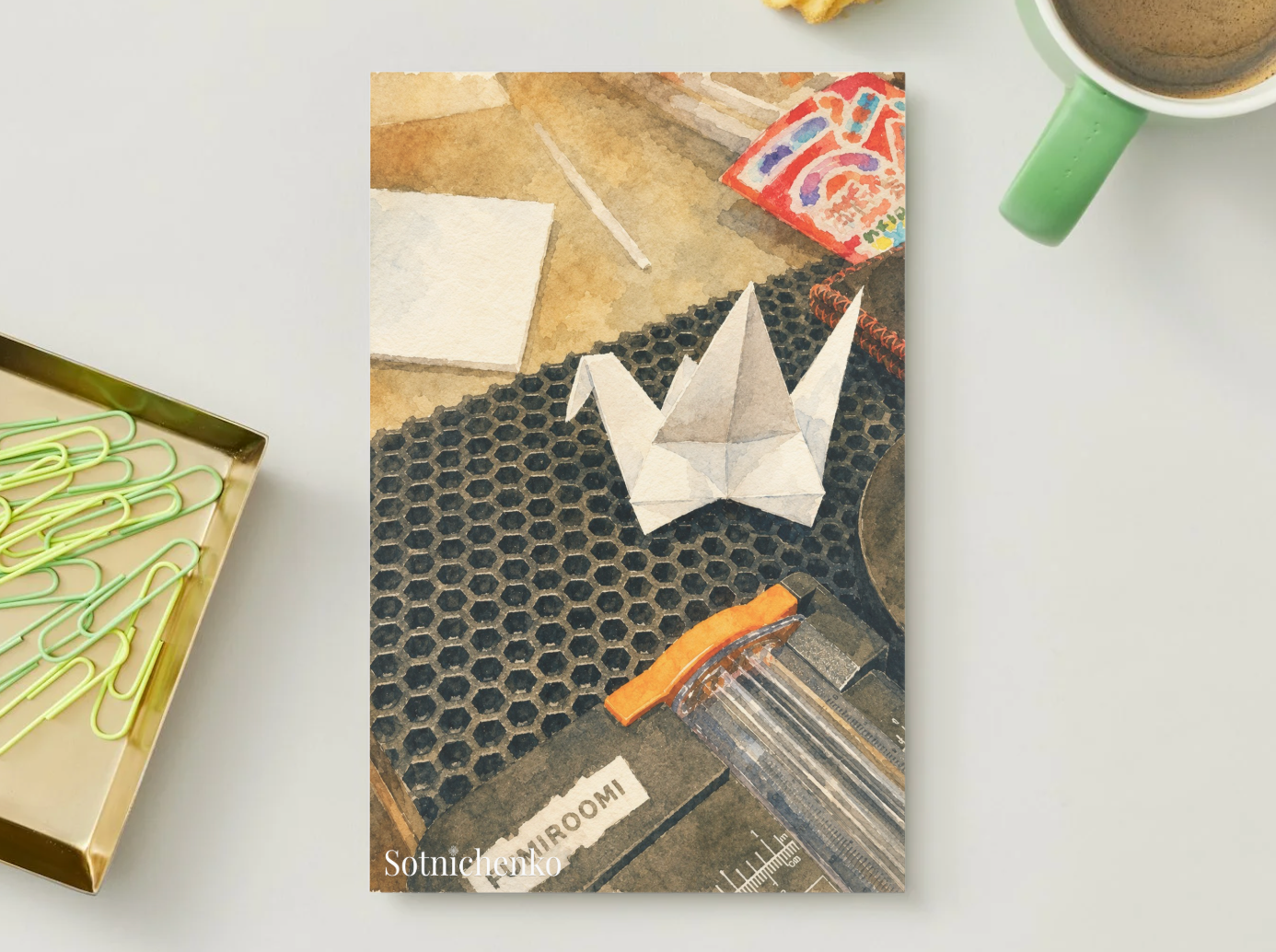 Paper Crane on Craft Desk — Origami Printable Postcard