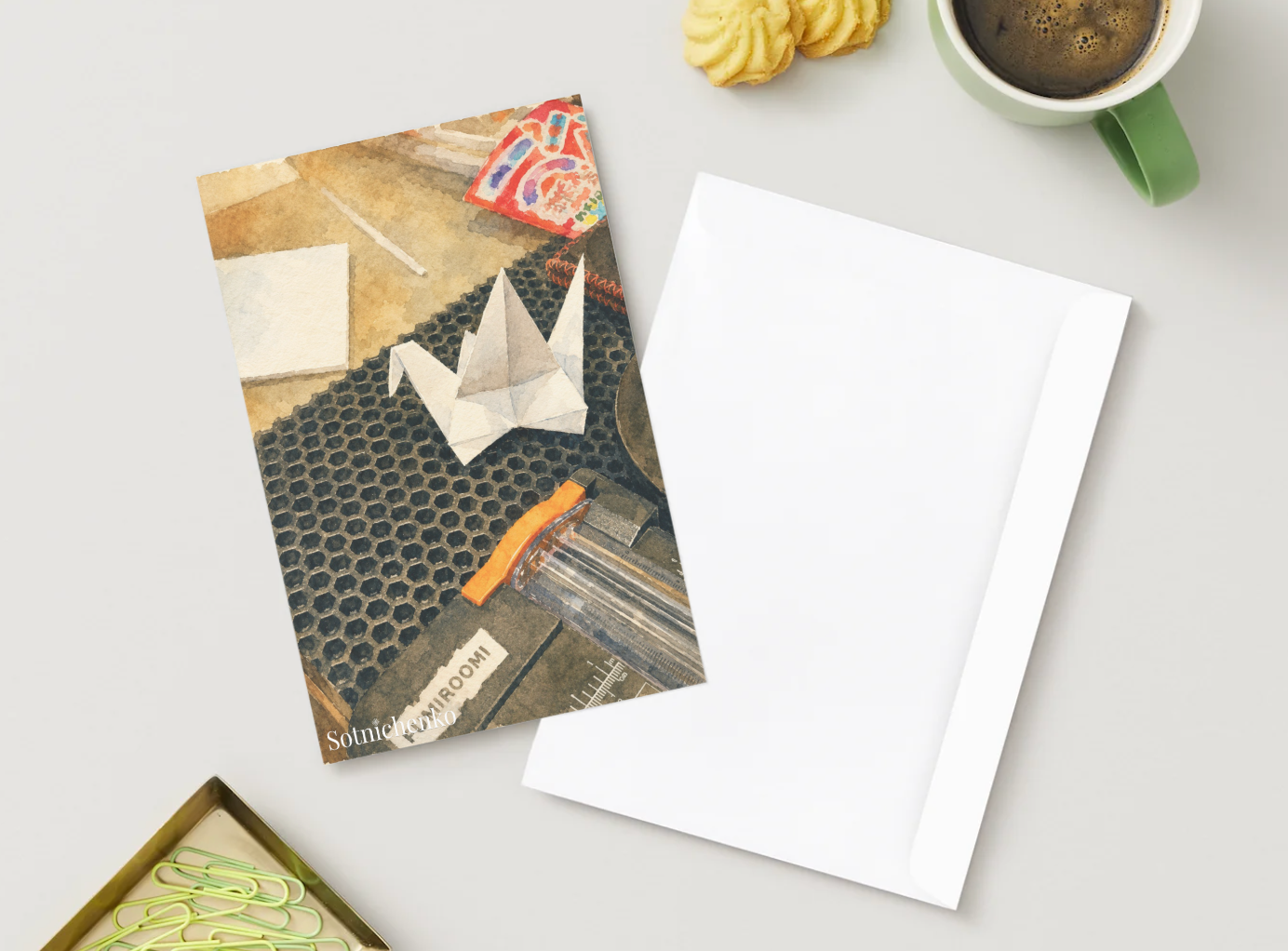 Paper Crane on Craft Desk — Origami Printable Postcard