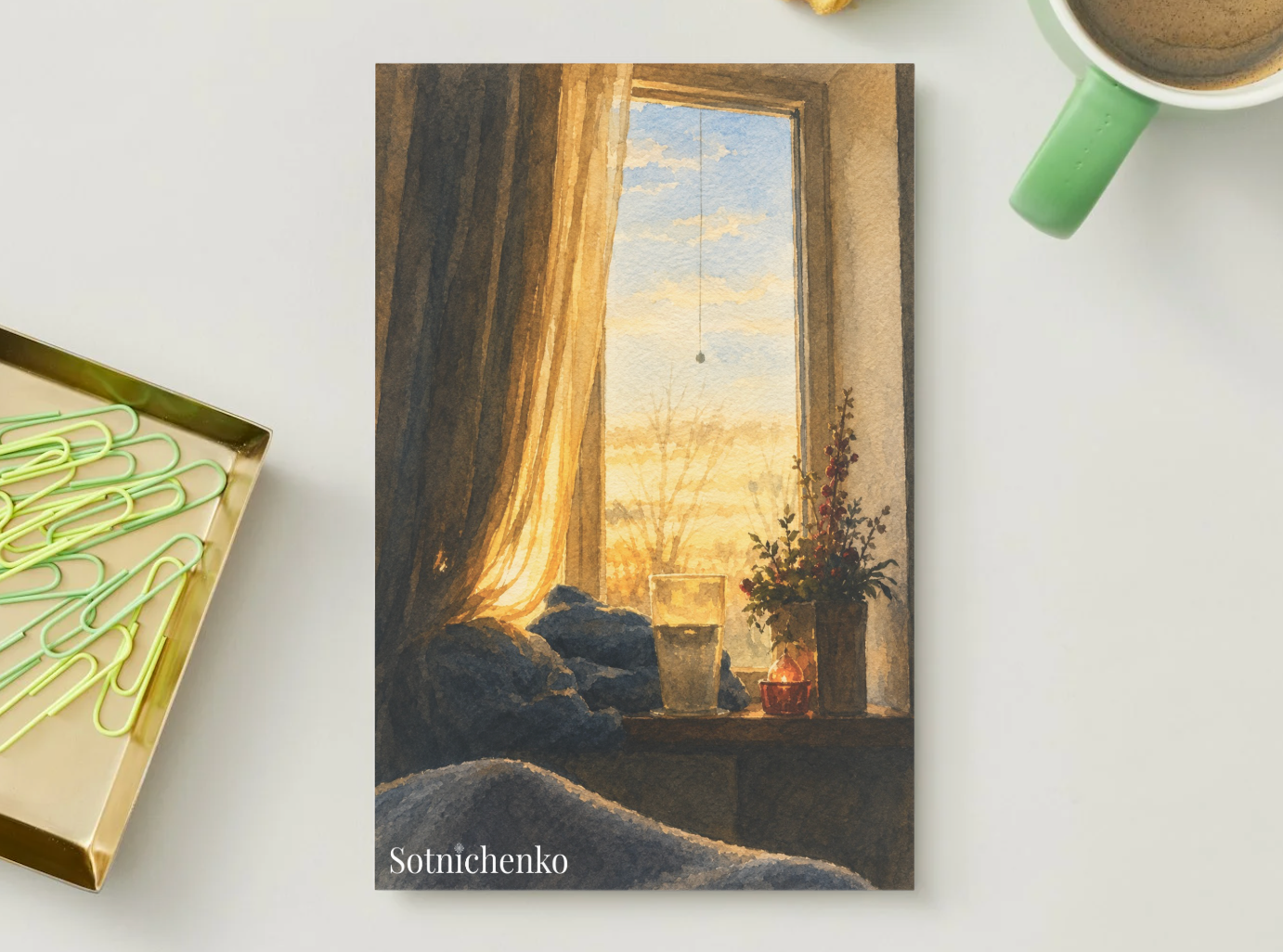 Golden Window Morning — Cozy Home Printable Postcard