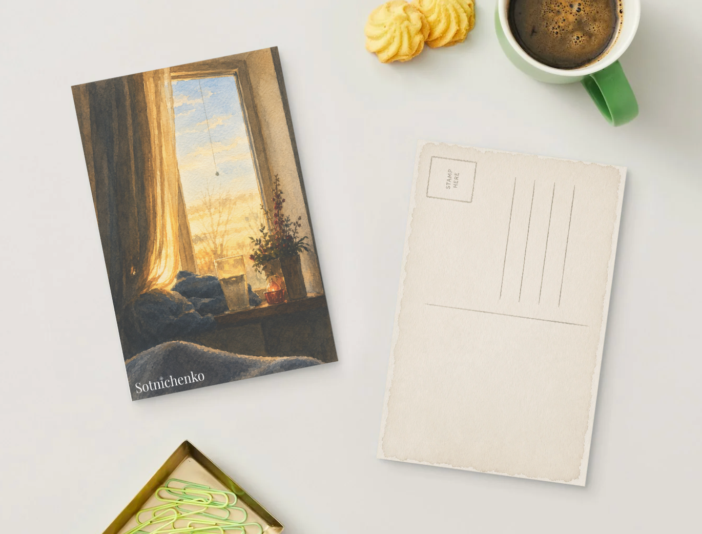 Golden Window Morning — Cozy Home Printable Postcard
