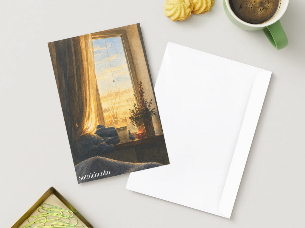 Golden Window Morning — Cozy Home Printable Postcard