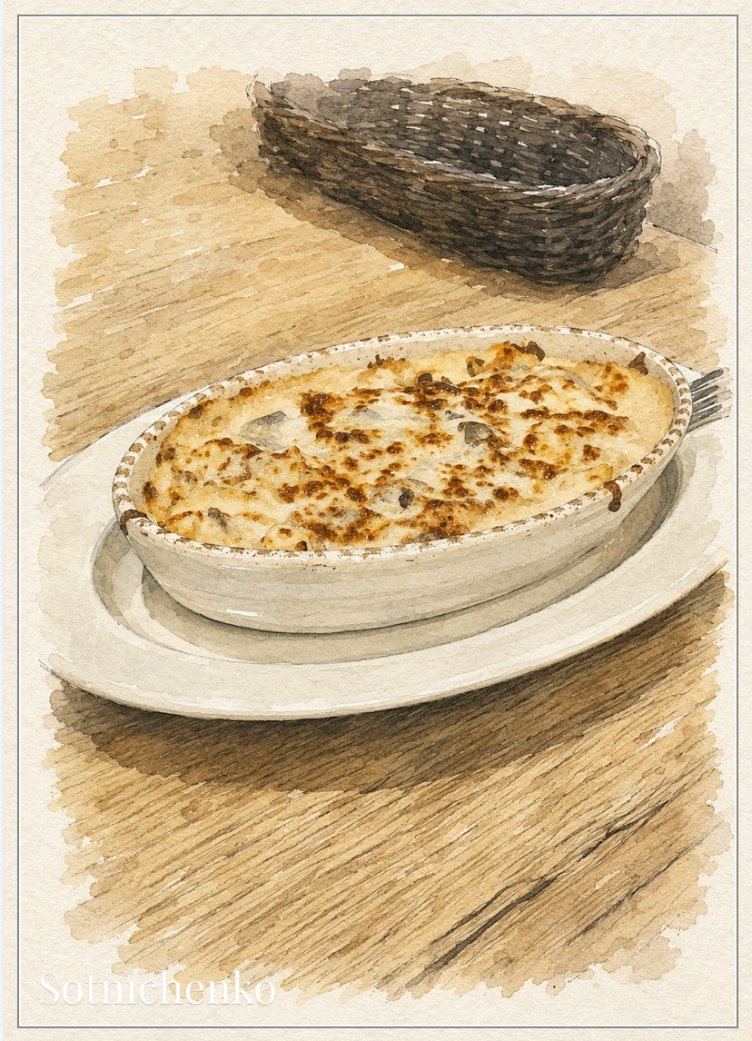 Golden Cheese Casserole — Cozy Food Printable Postcard