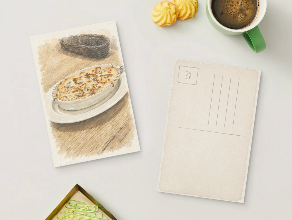 Golden Cheese Casserole — Cozy Food Printable Postcard