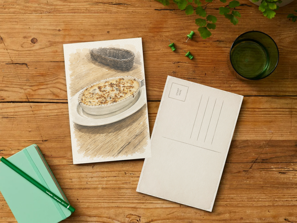 Golden Cheese Casserole — Cozy Food Printable Postcard