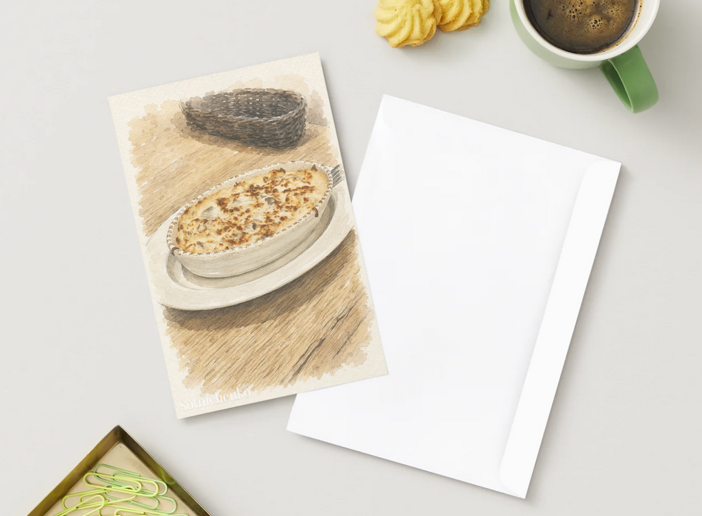 Golden Cheese Casserole — Cozy Food Printable Postcard