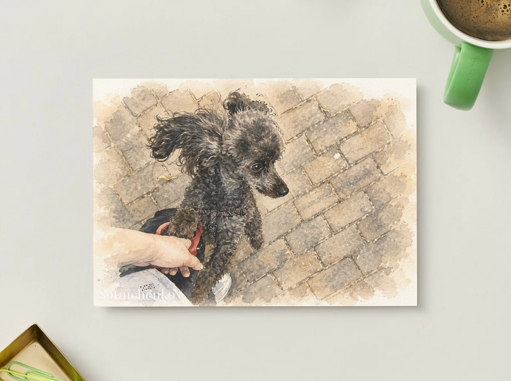 Poodle on a City Walk — Dog Lover Printable Postcard