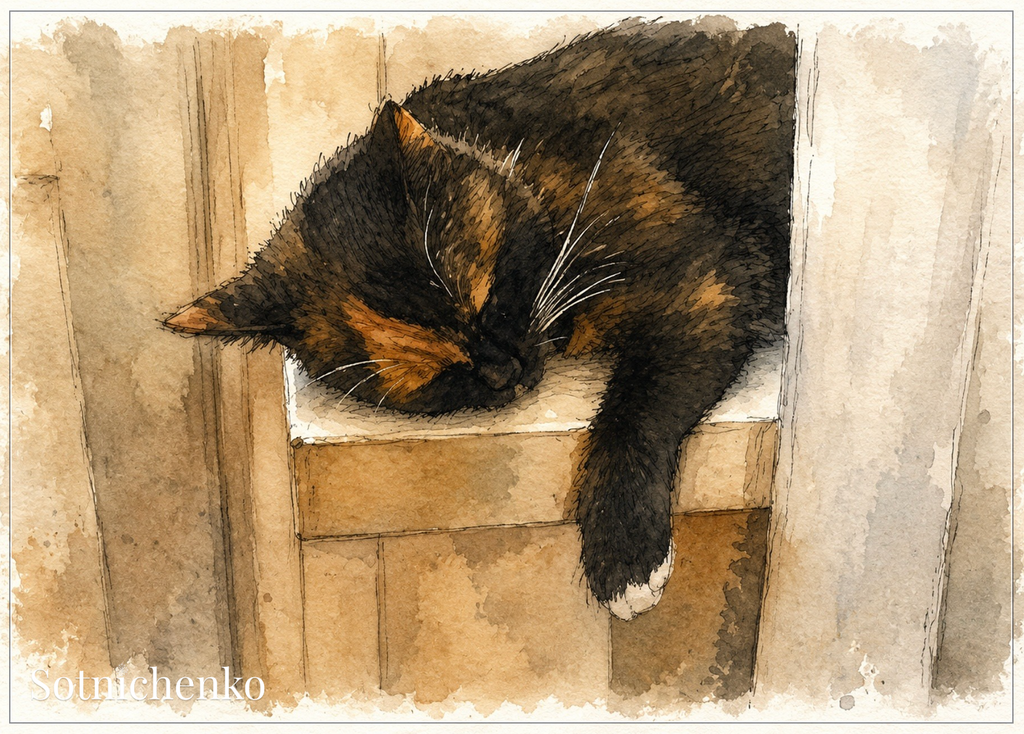 Sleeping Calico Cat — Cozy Pet Printable Postcard