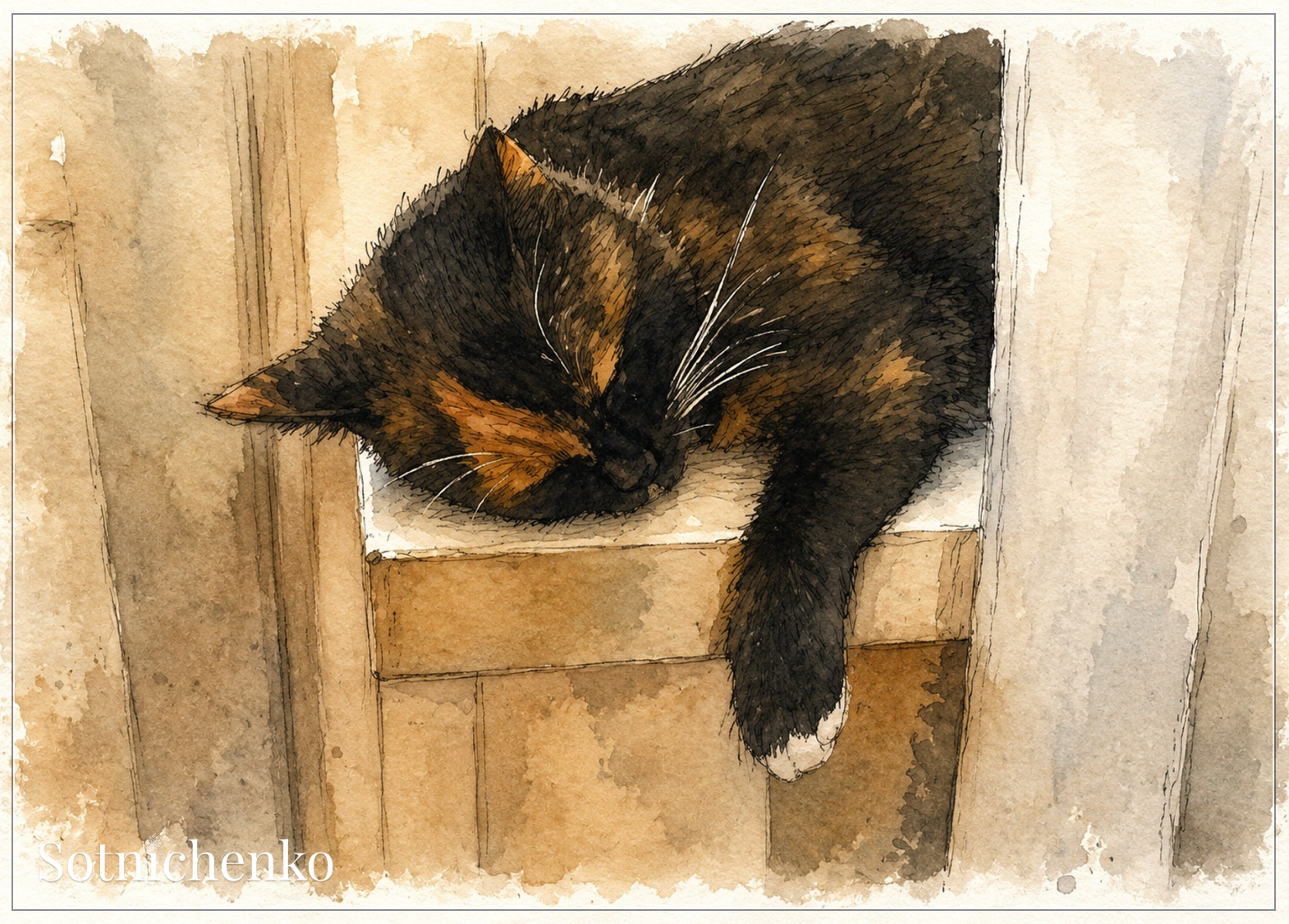 Sleeping Calico Cat — Cozy Pet Printable Postcard