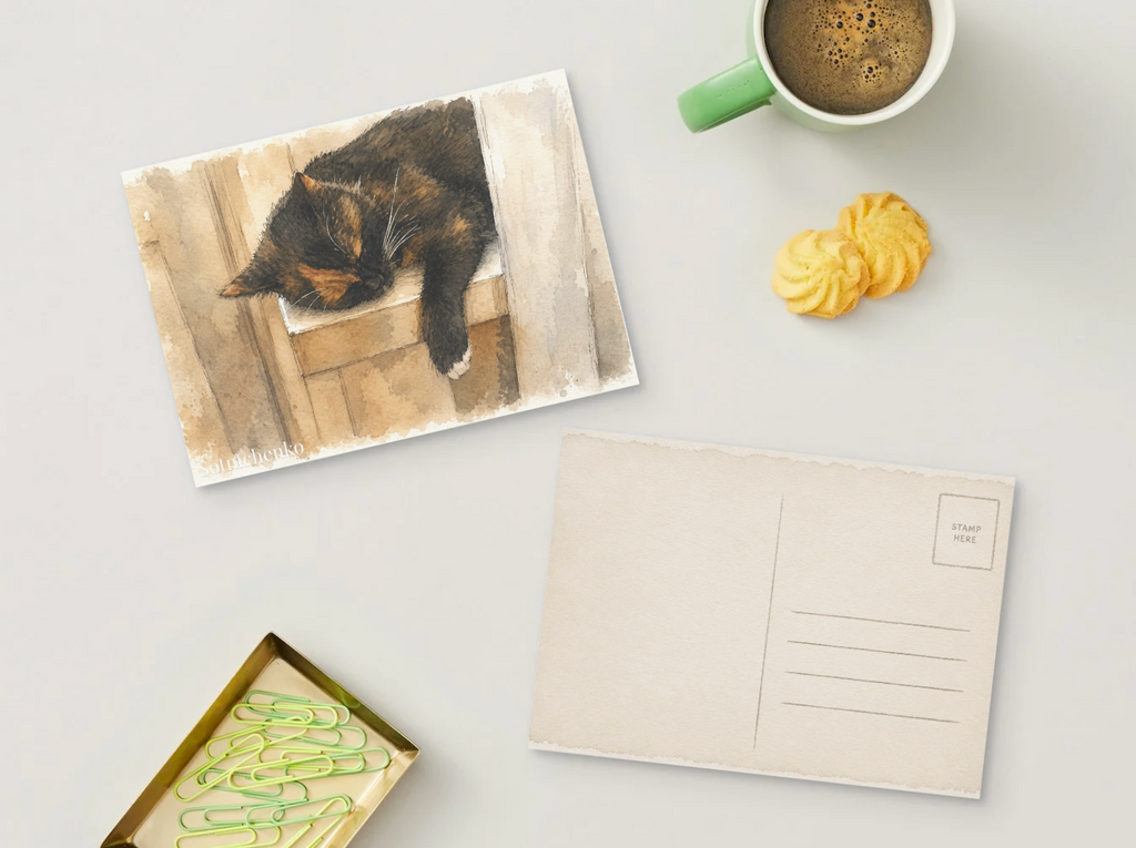 Sleeping Calico Cat — Cozy Pet Printable Postcard