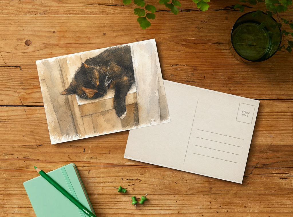 Sleeping Calico Cat — Cozy Pet Printable Postcard