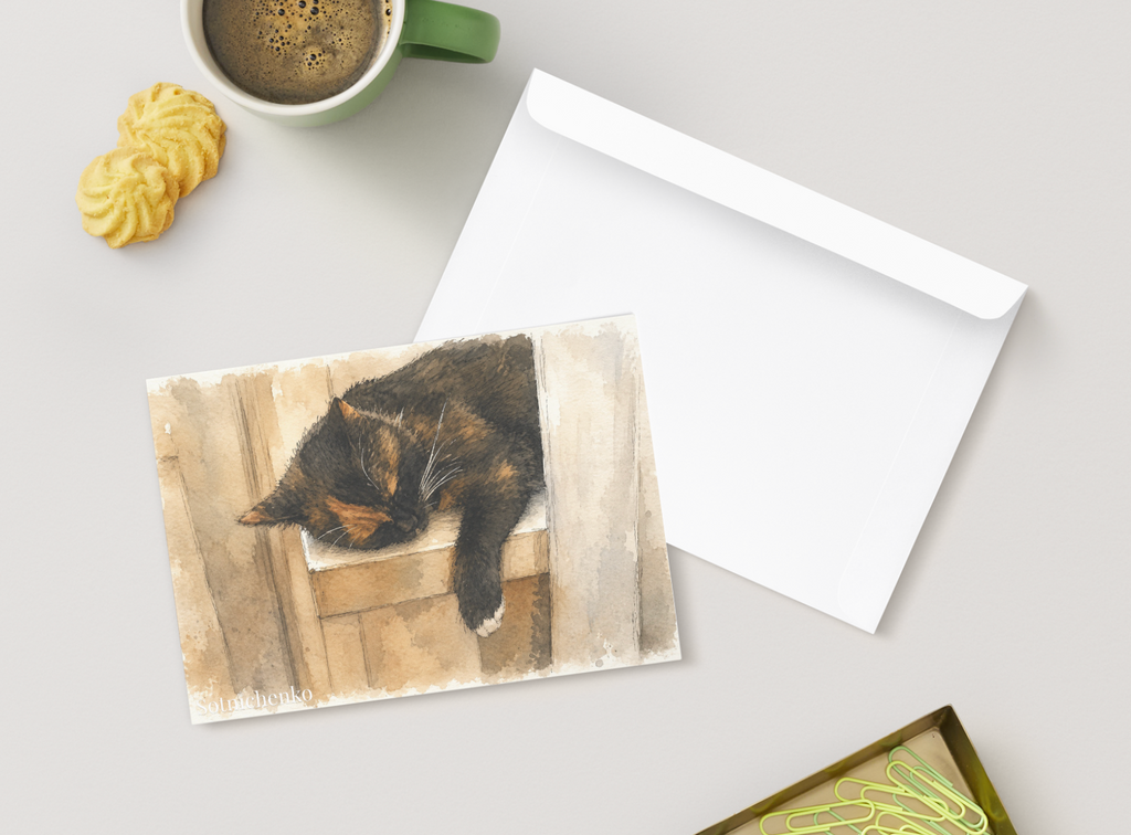 Sleeping Calico Cat — Cozy Pet Printable Postcard