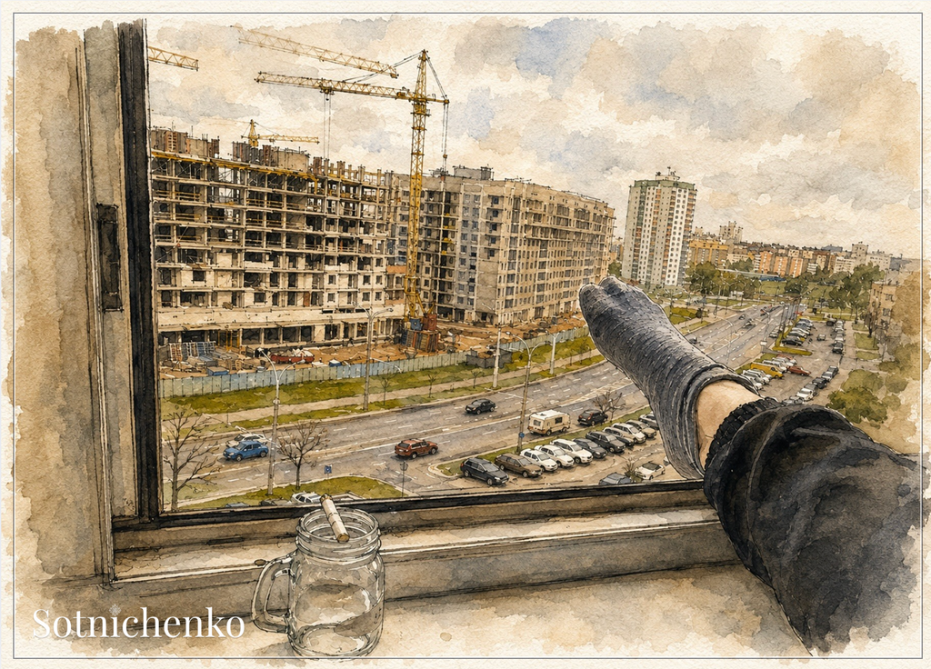 City Under Construction — Urban Window View Printable Postcard