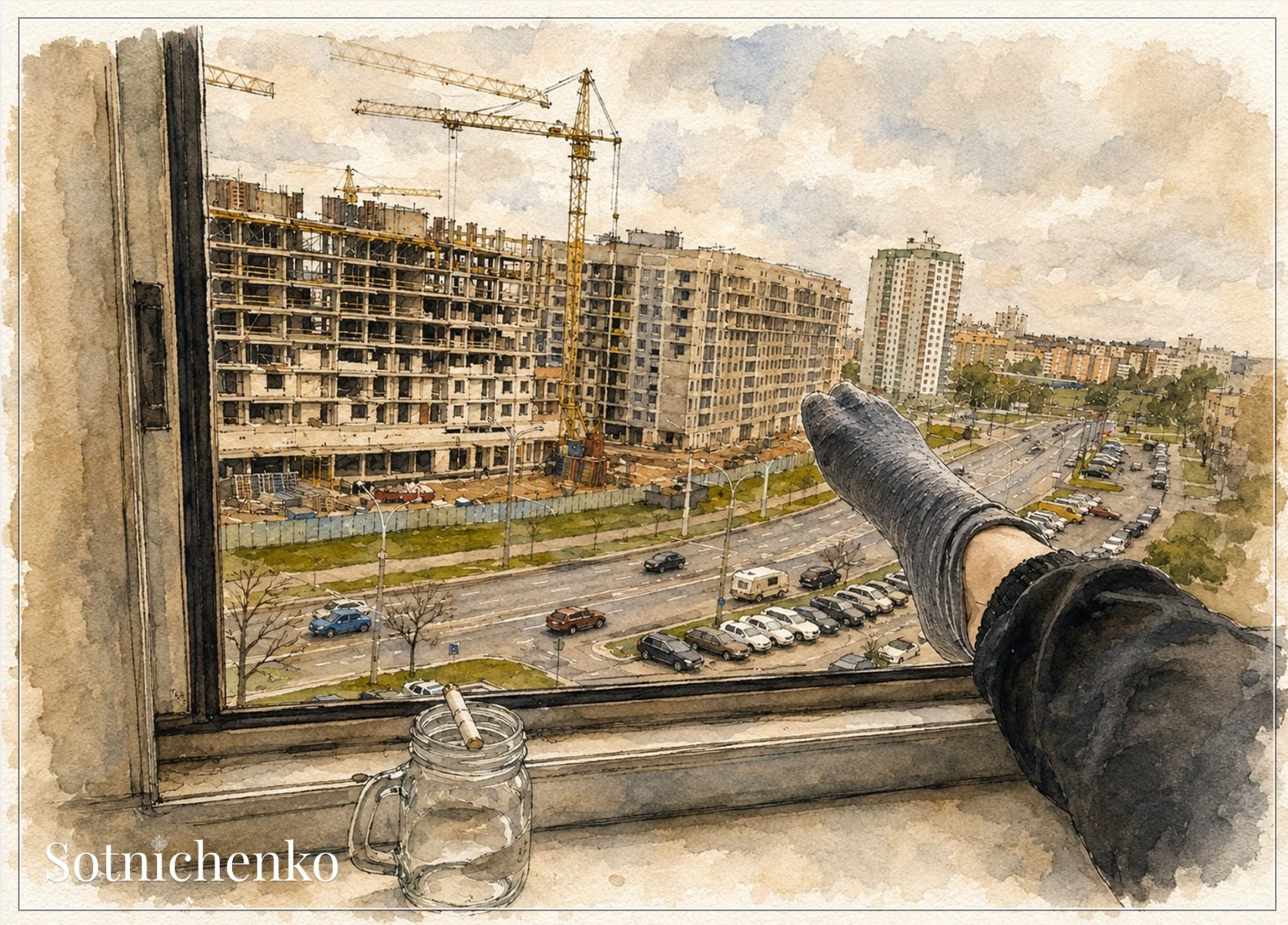 City Under Construction — Urban Window View Printable Postcard