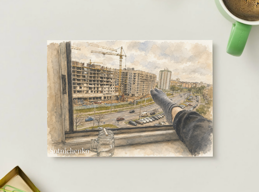 City Under Construction — Urban Window View Printable Postcard