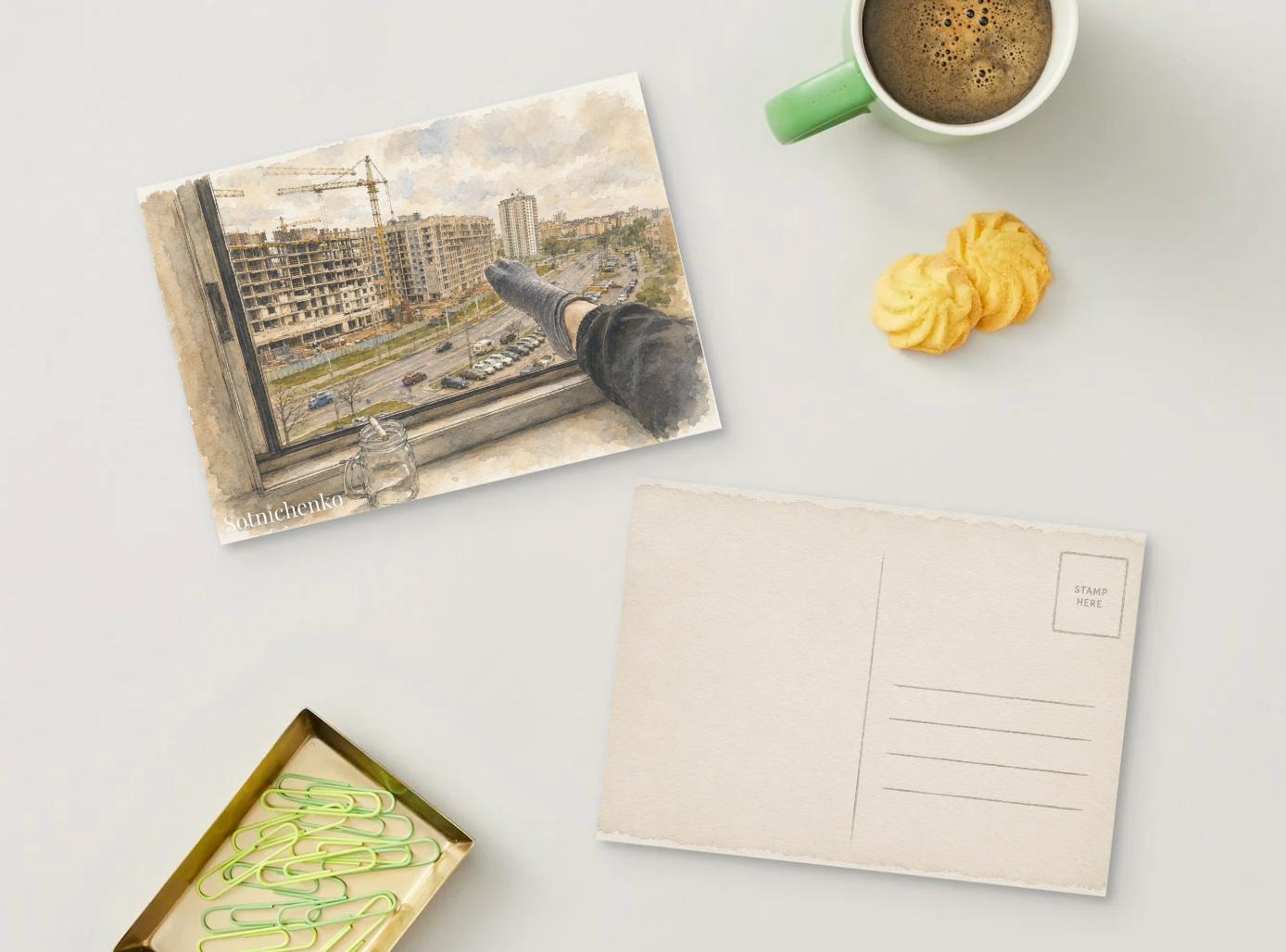 City Under Construction — Urban Window View Printable Postcard