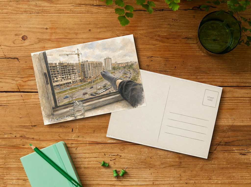 City Under Construction — Urban Window View Printable Postcard