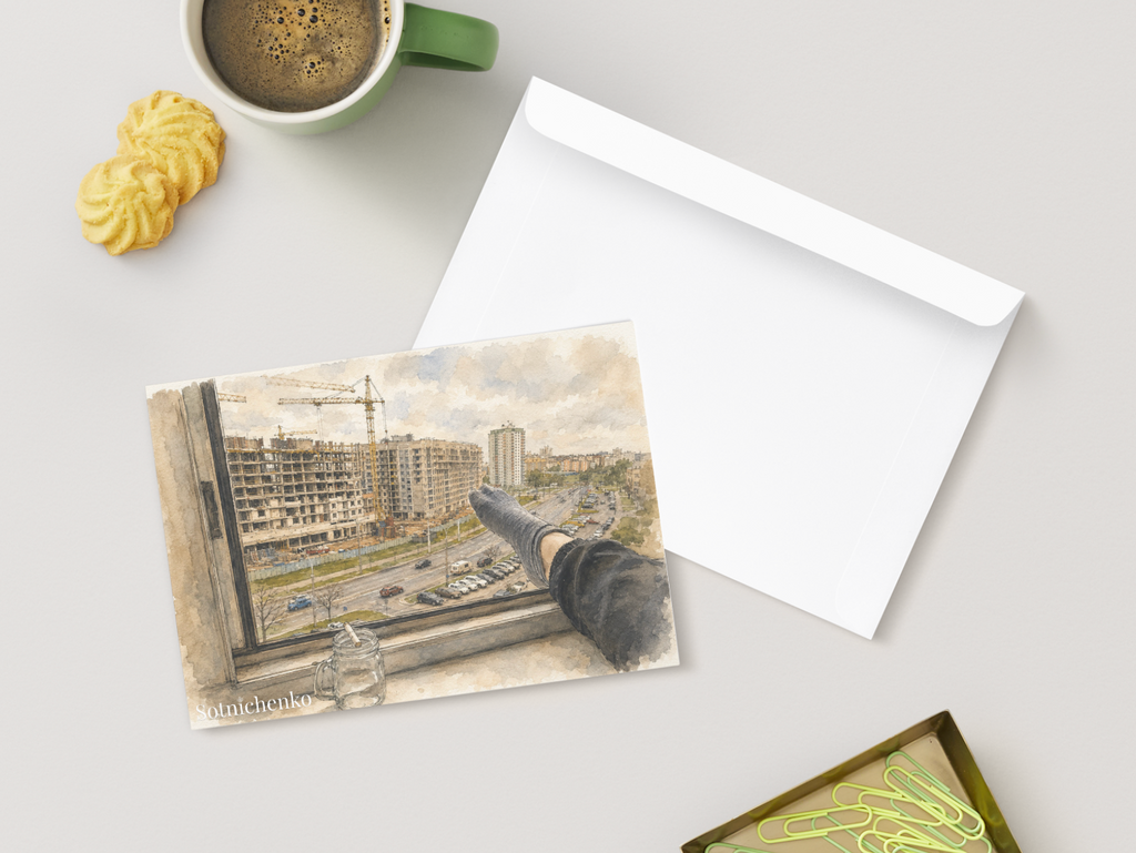 City Under Construction — Urban Window View Printable Postcard