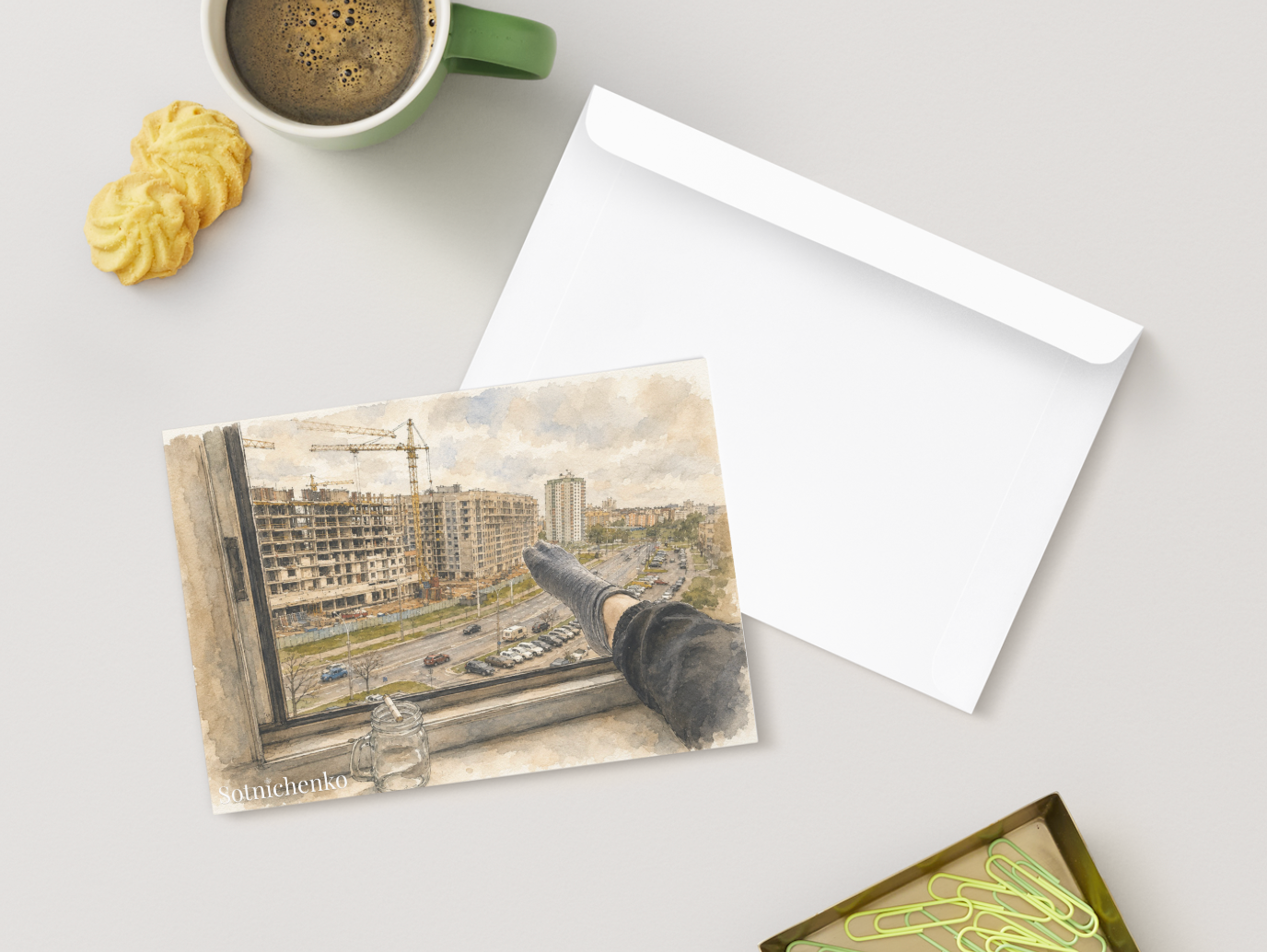 City Under Construction — Urban Window View Printable Postcard