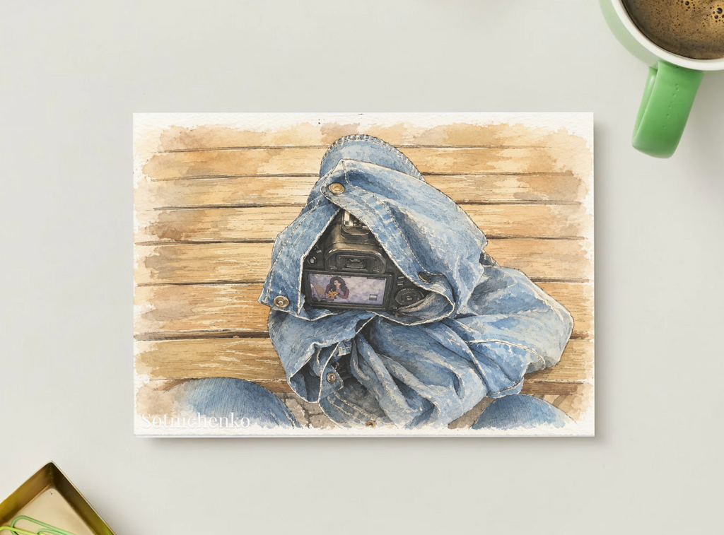 Camera Wrapped in Denim — Creative Gear Printable Postcard