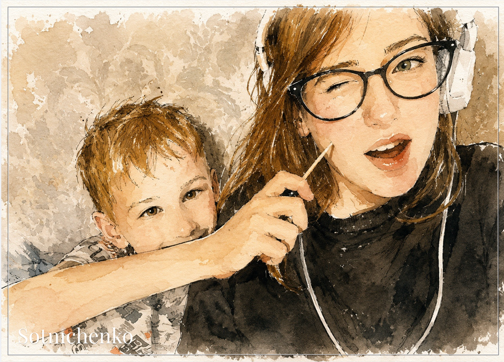 Playful Headphones Moment — Cozy Family Printable Postcard