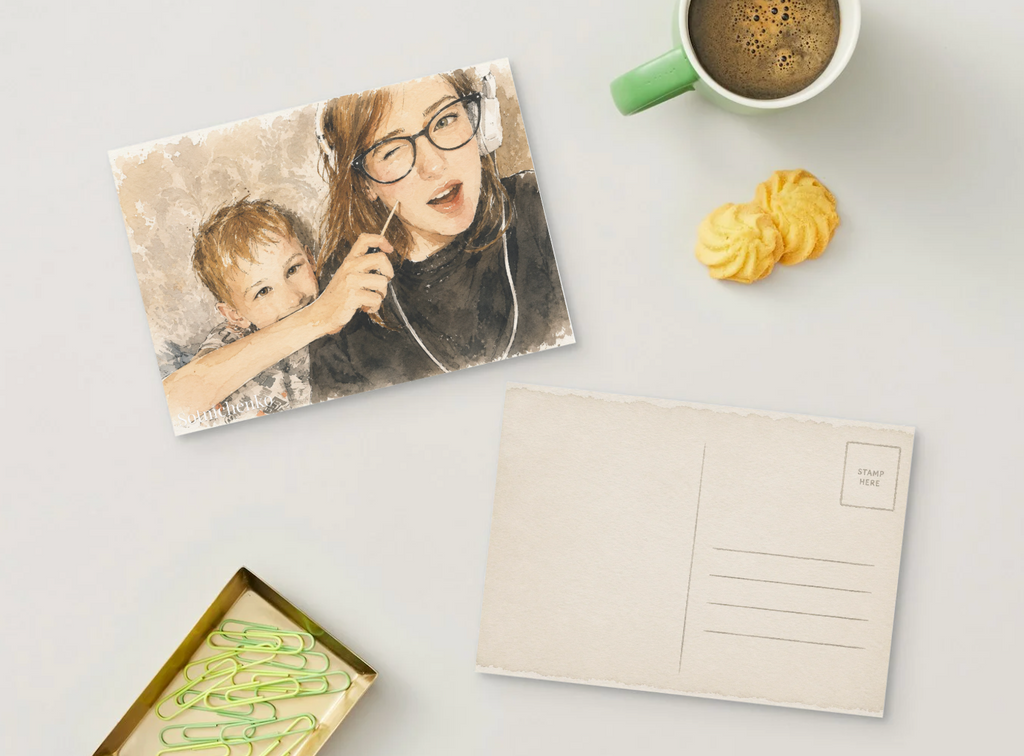 Playful Headphones Moment — Cozy Family Printable Postcard
