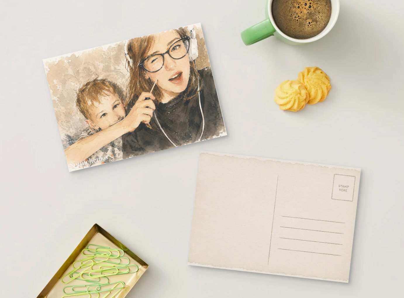 Playful Headphones Moment — Cozy Family Printable Postcard