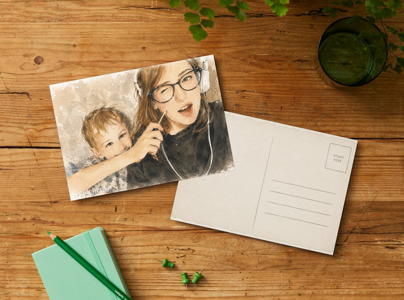 Playful Headphones Moment — Cozy Family Printable Postcard