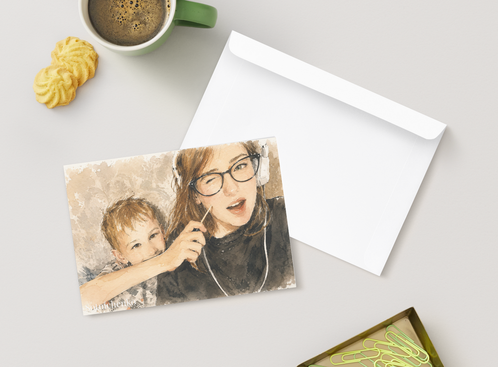 Playful Headphones Moment — Cozy Family Printable Postcard