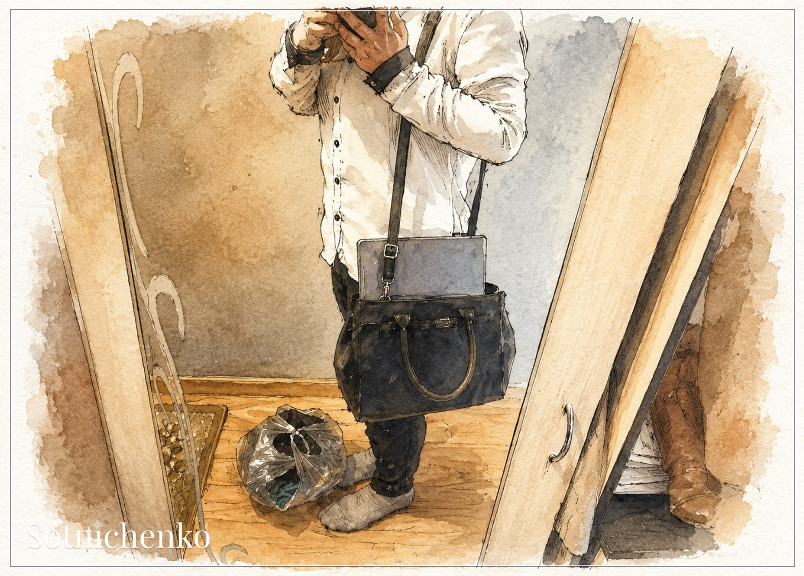 Mirror Selfie with Work Bag — Everyday Life Printable Postcard