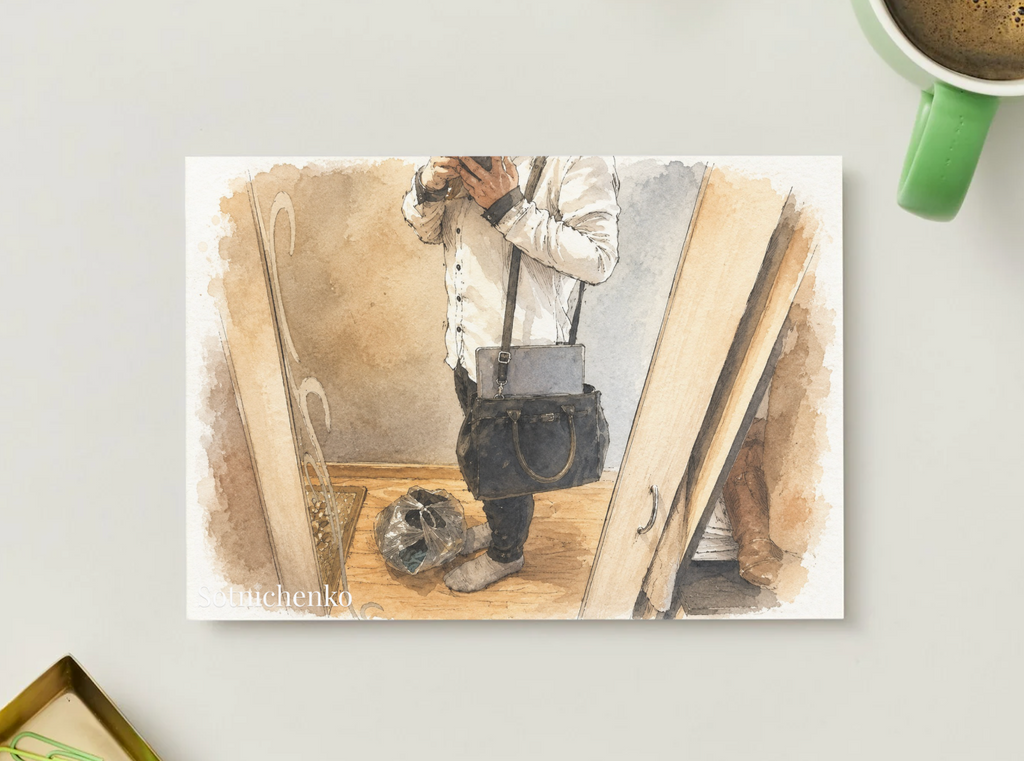 Mirror Selfie with Work Bag — Everyday Life Printable Postcard