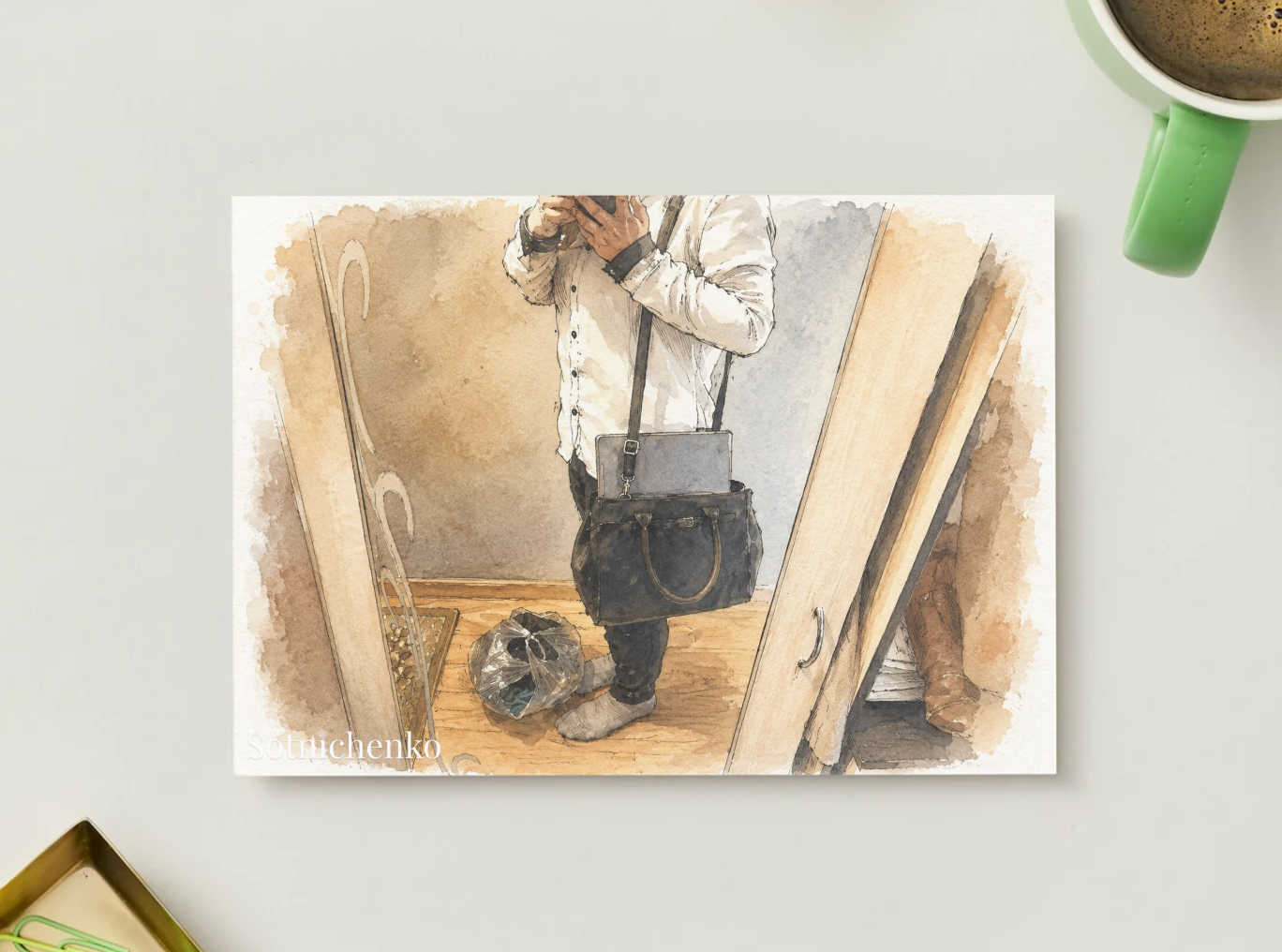 Mirror Selfie with Work Bag — Everyday Life Printable Postcard