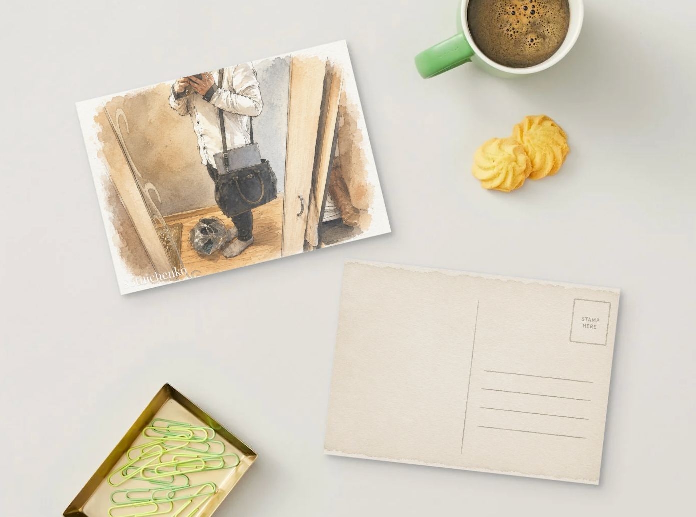 Mirror Selfie with Work Bag — Everyday Life Printable Postcard