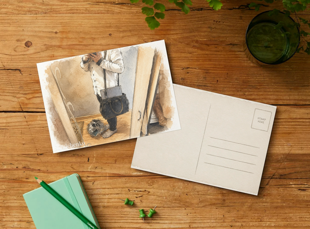 Mirror Selfie with Work Bag — Everyday Life Printable Postcard