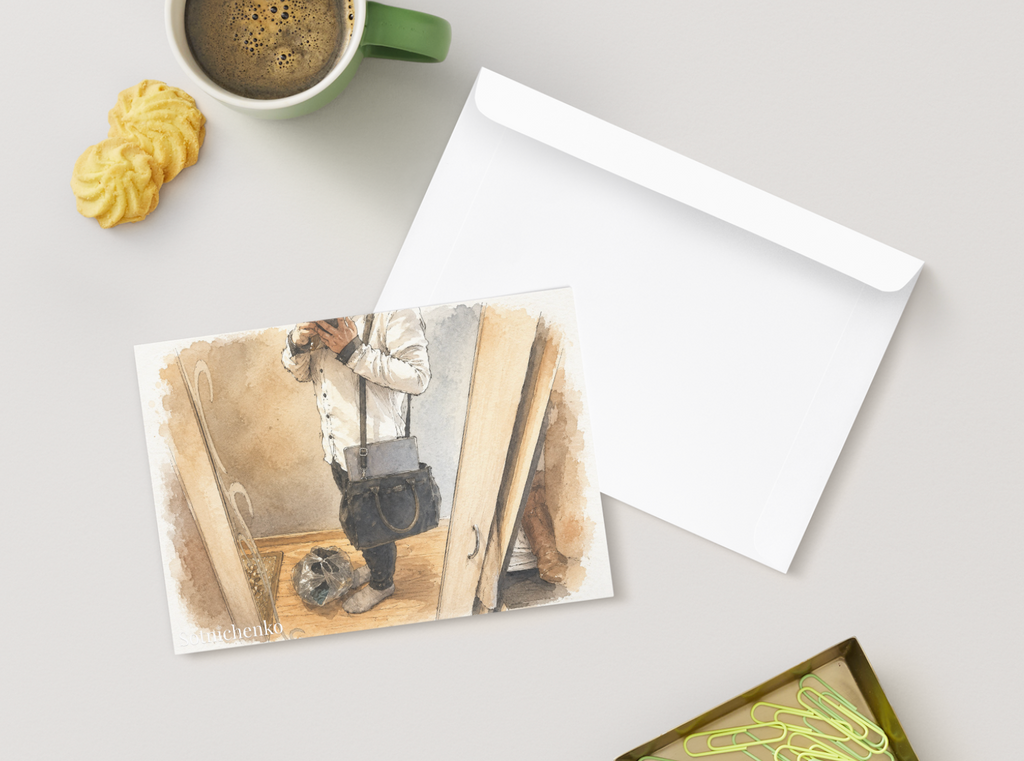 Mirror Selfie with Work Bag — Everyday Life Printable Postcard