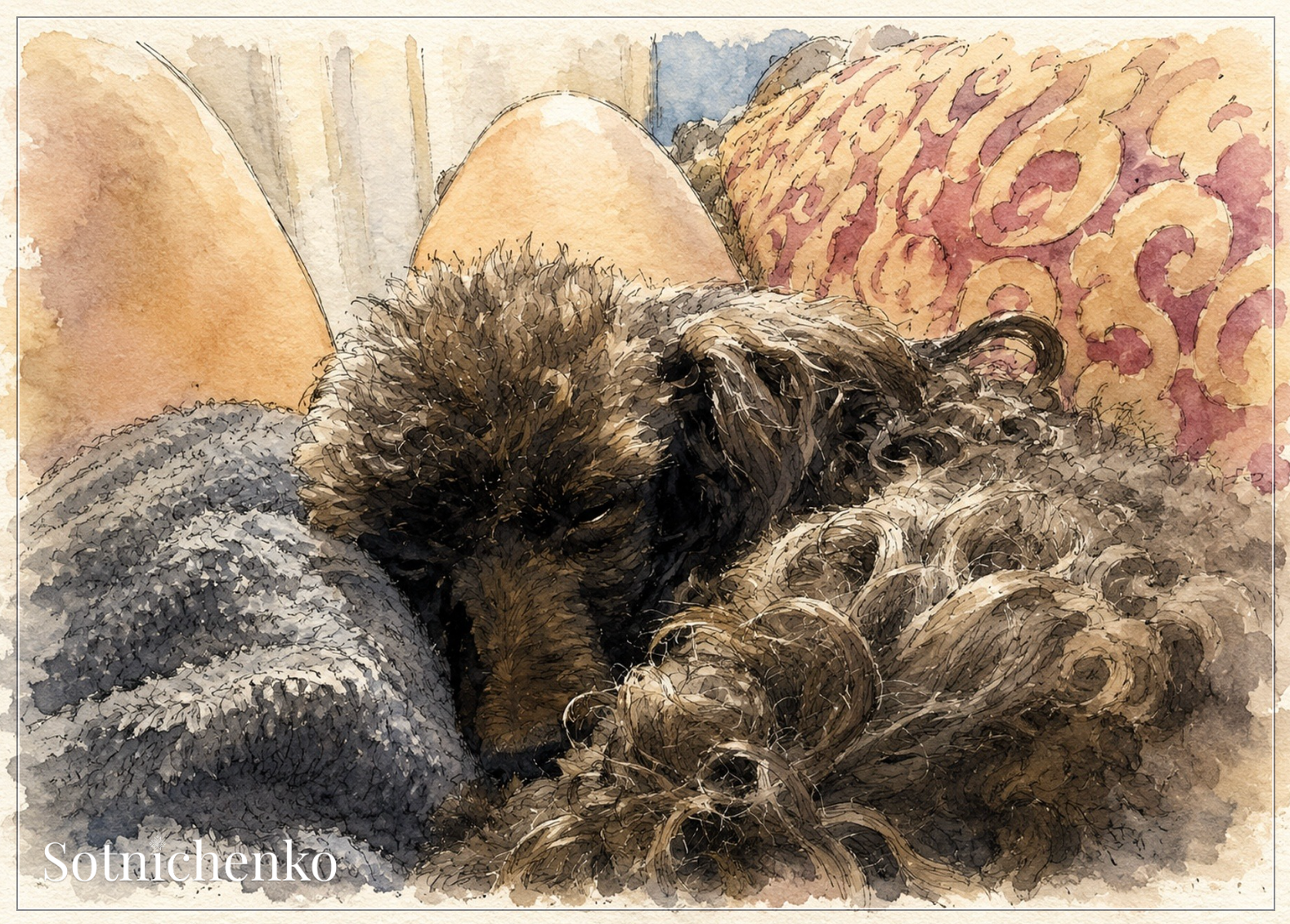 Sleeping Poodle on Cozy Blanket — Printable Postcard