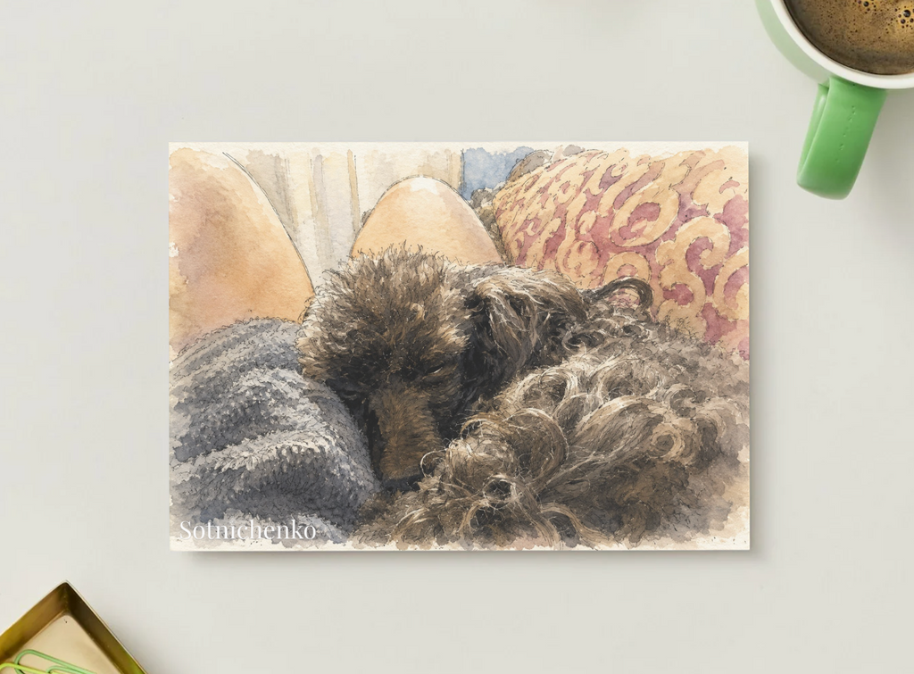 Sleeping Poodle on Cozy Blanket — Printable Postcard