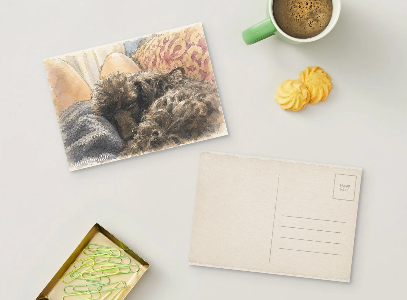 Sleeping Poodle on Cozy Blanket — Printable Postcard