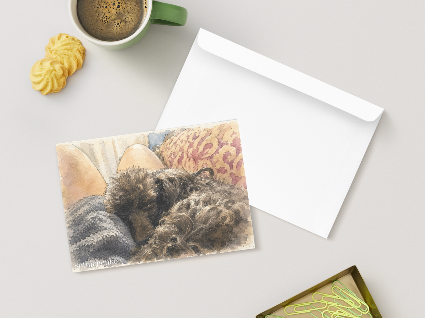Sleeping Poodle on Cozy Blanket — Printable Postcard