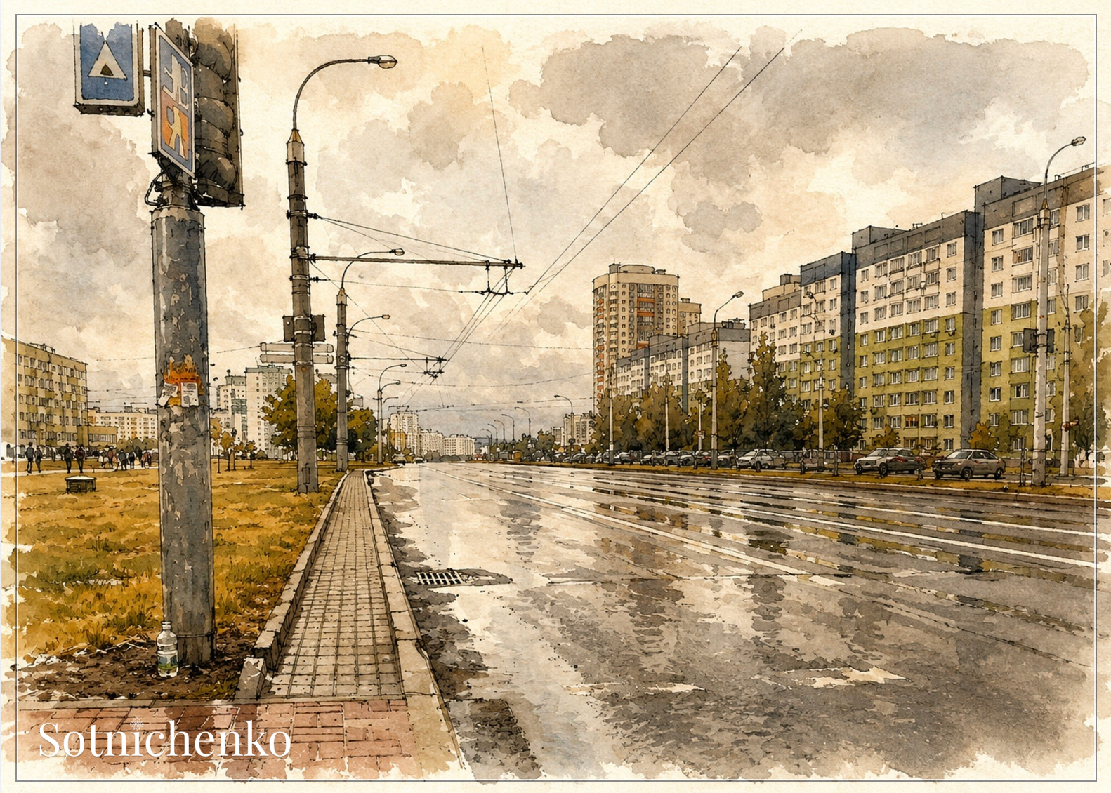 Wet City Avenue — Urban Printable Postcard