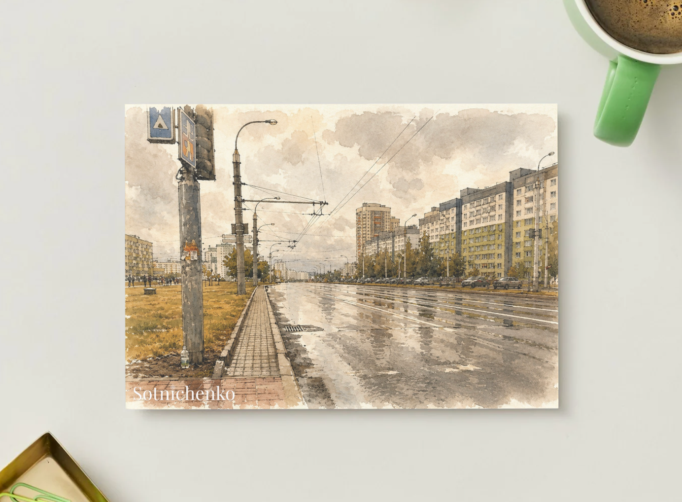 Wet City Avenue — Urban Printable Postcard