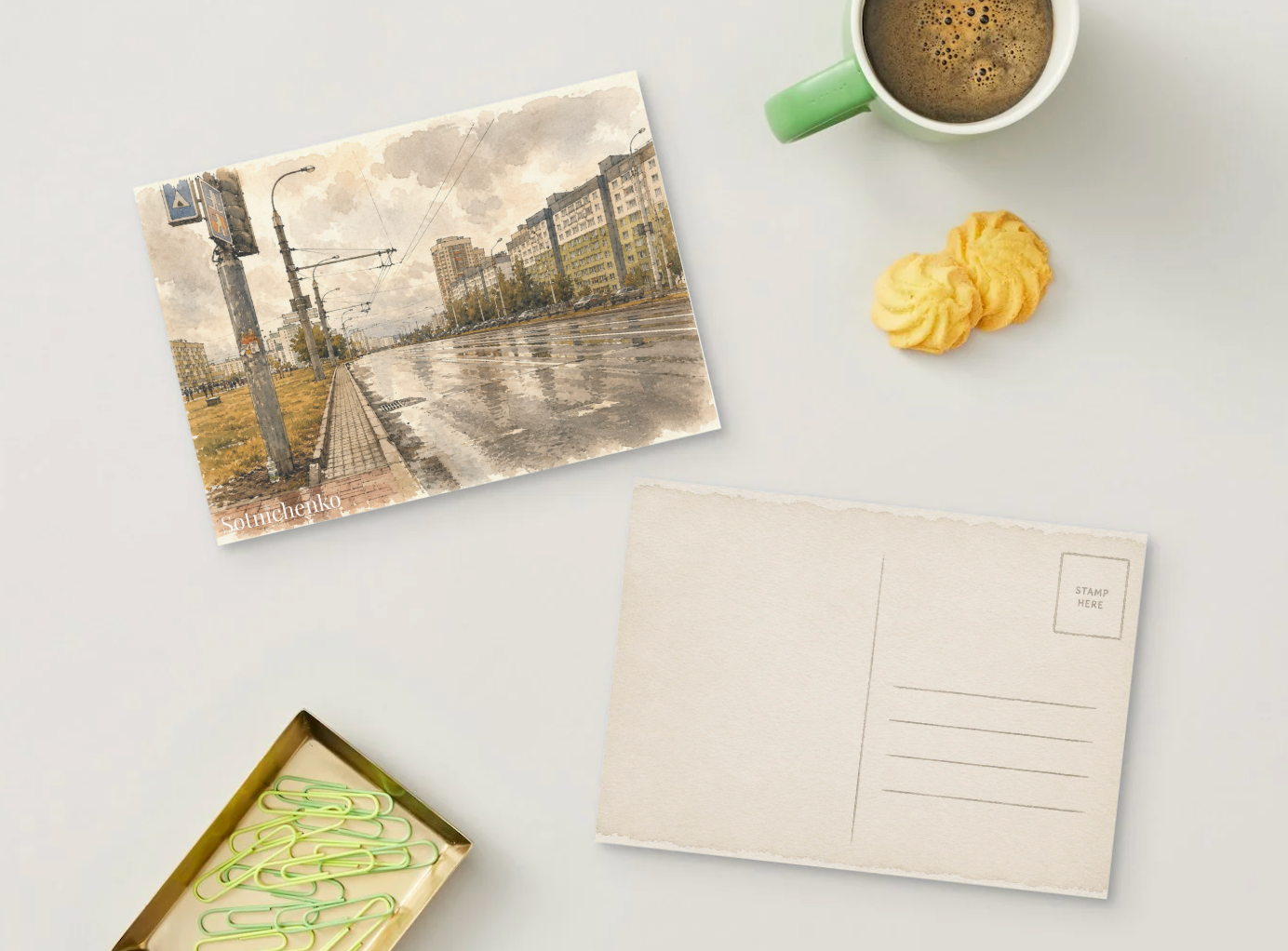 Wet City Avenue — Urban Printable Postcard