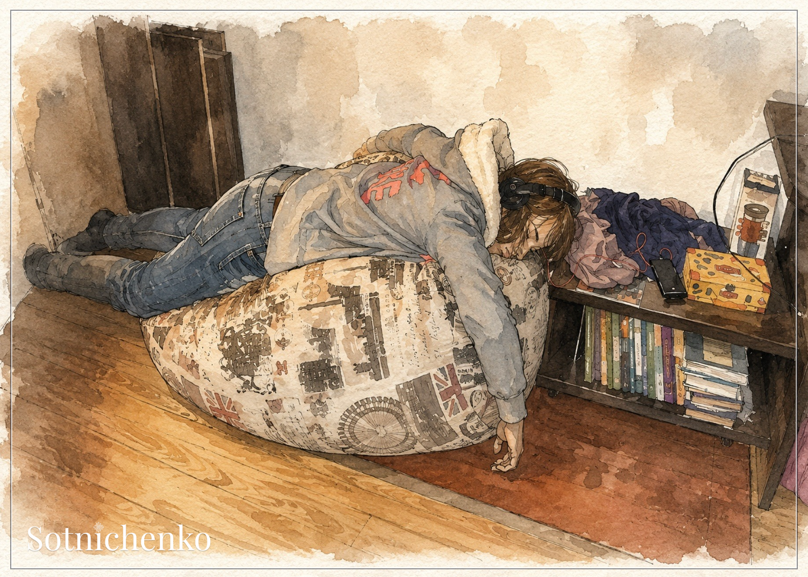 Exhausted on Beanbag Chair — Everyday Life Printable Postcard