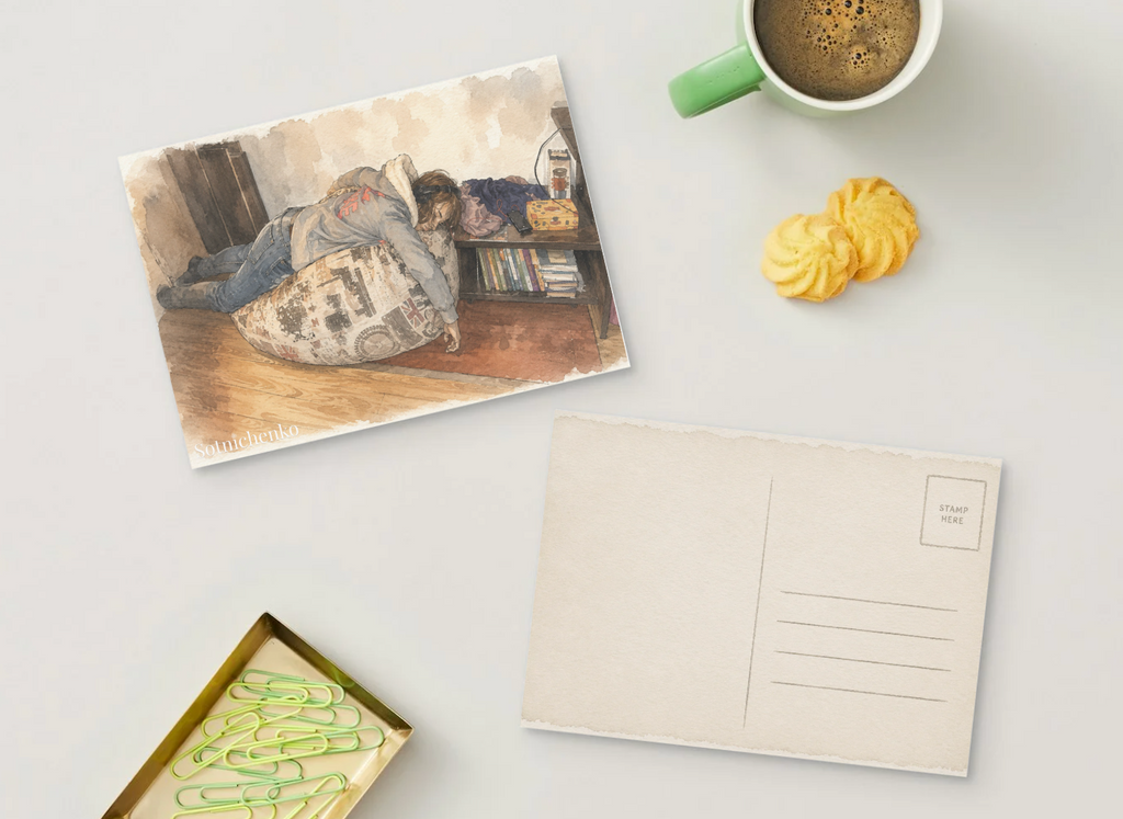 Exhausted on Beanbag Chair — Everyday Life Printable Postcard