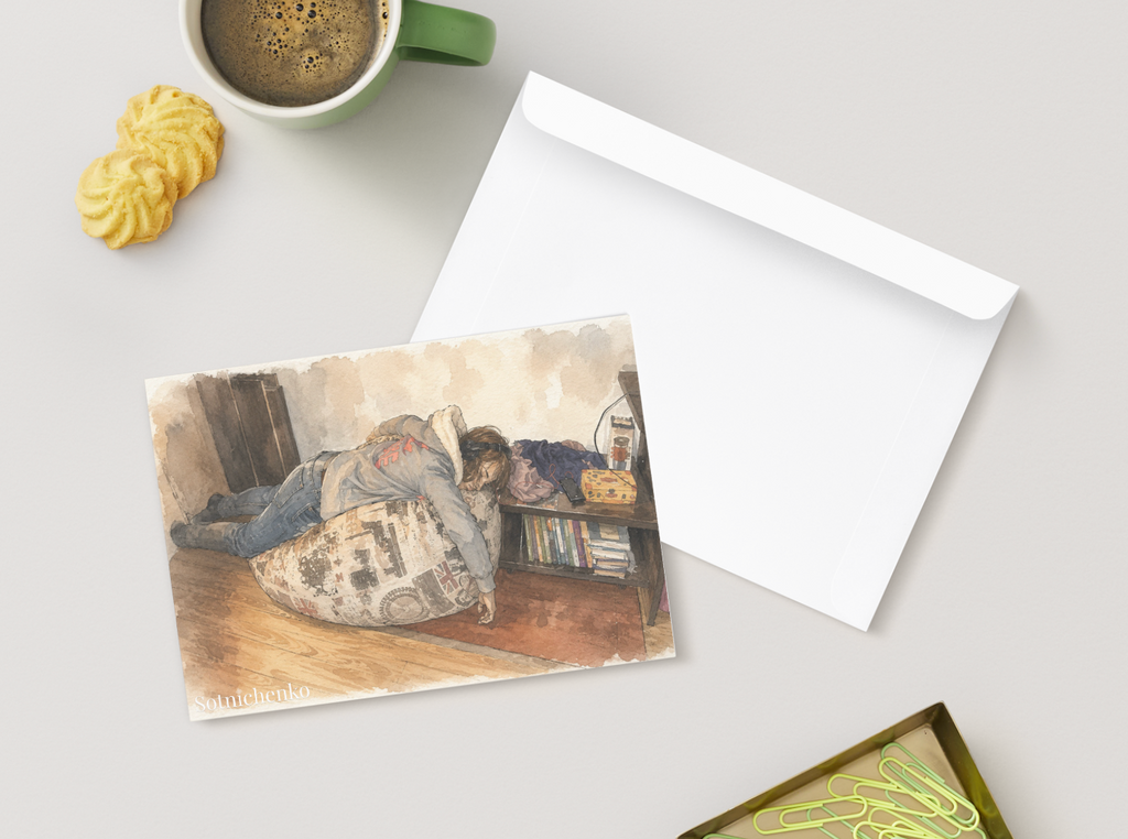 Exhausted on Beanbag Chair — Everyday Life Printable Postcard