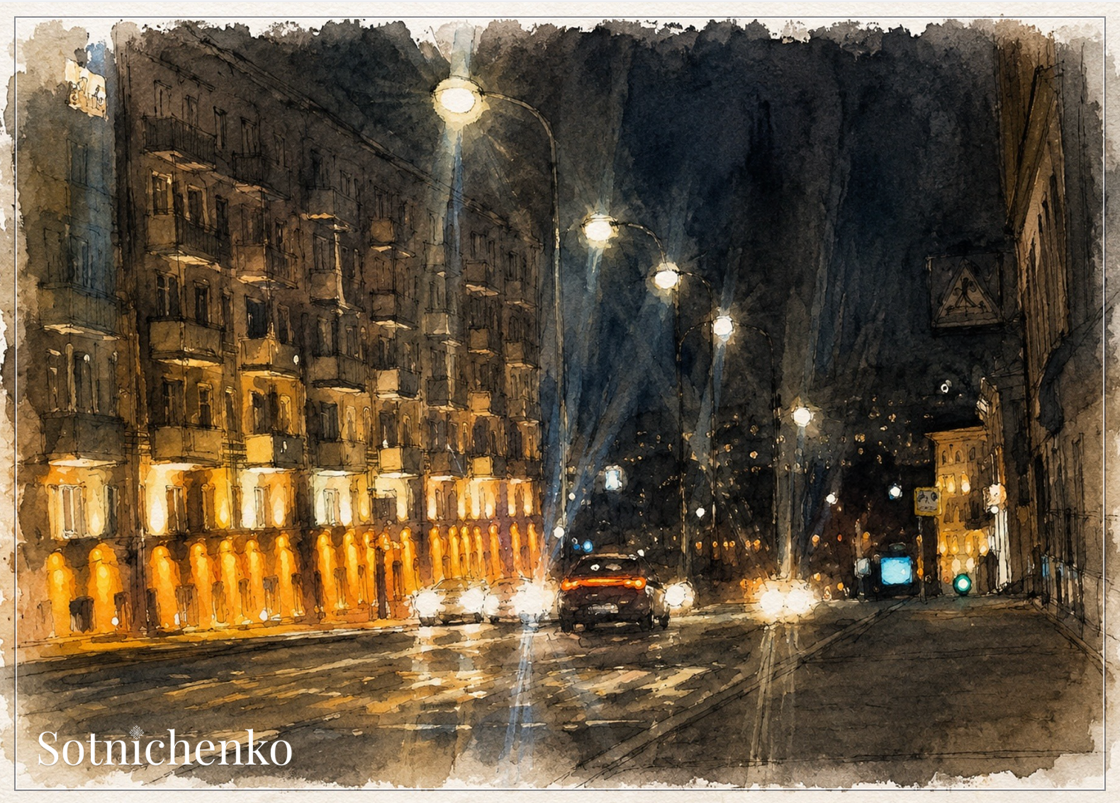 Night City Street Lights — Urban Printable Postcard