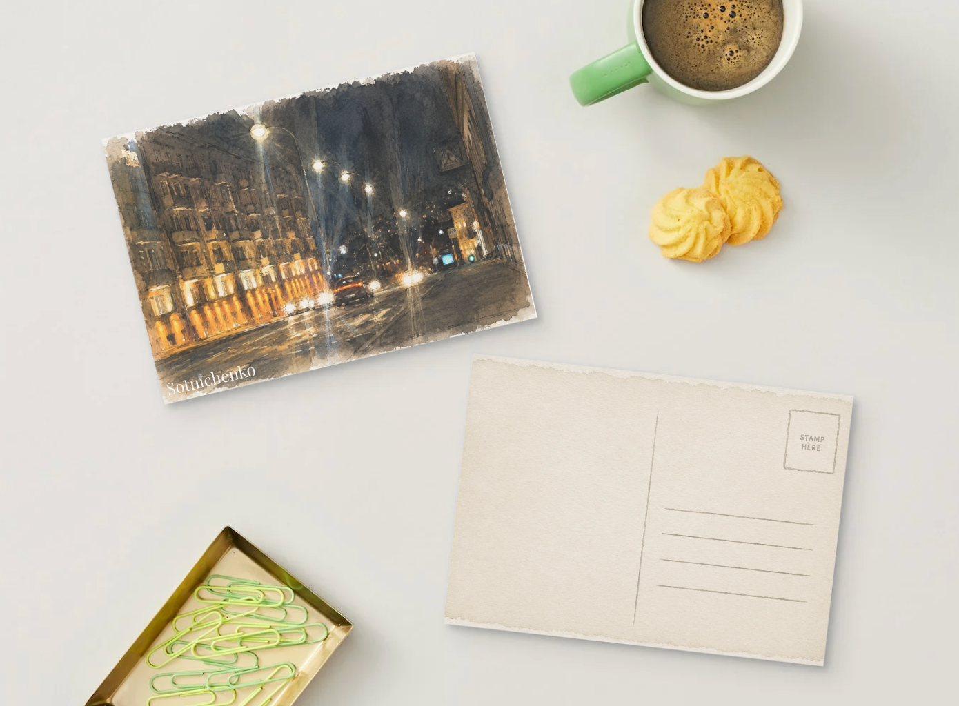 Night City Street Lights — Urban Printable Postcard